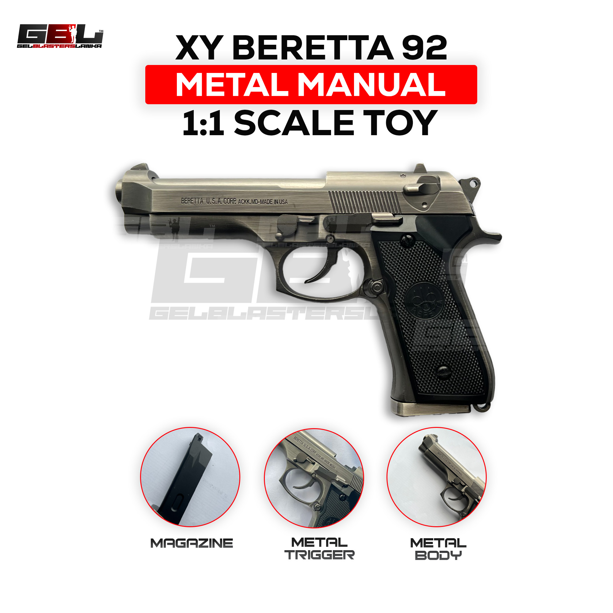 XY Beretta Metal manual toy gun Silver (1:1 Scale) - Image 2