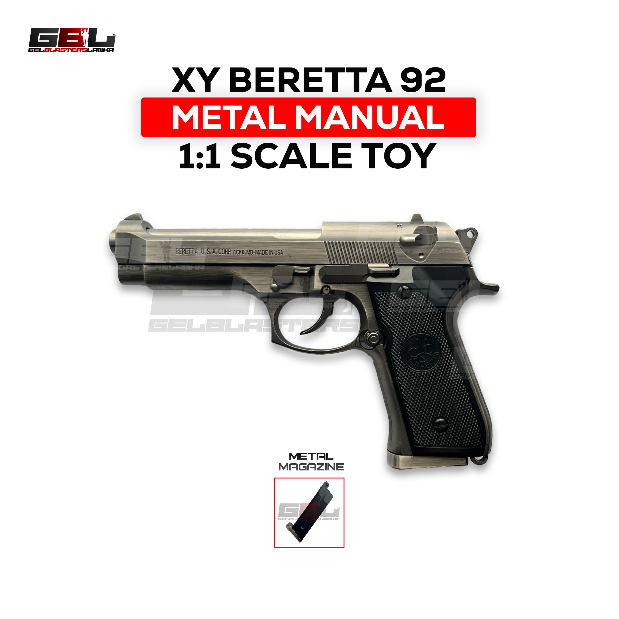 XY Beretta Metal manual toy gun Silver (1:1 Scale) - Image 3